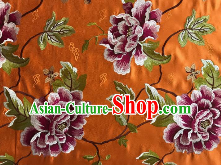 Asian Chinese Traditional Cheongsam Orange Brocade Fabric Suzhou Embroidered Peony Pattern Silk Fabric Material