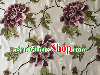 Asian Chinese Traditional Cheongsam White Brocade Fabric Suzhou Embroidered Peony Pattern Silk Fabric Material