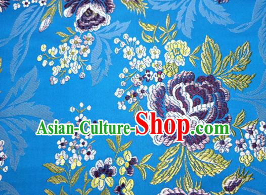Asian Chinese Traditional Tang Suit Blue Nanjing Brocade Fabric Royal Peony Pattern Silk Fabric Material