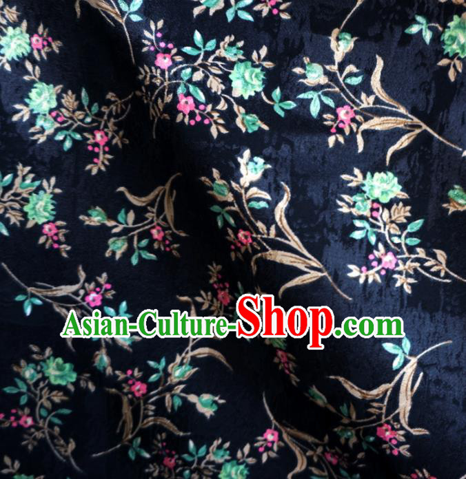 Asian Chinese Traditional Fabric Flowers Pattern Tang Suit Navy Cotton Material