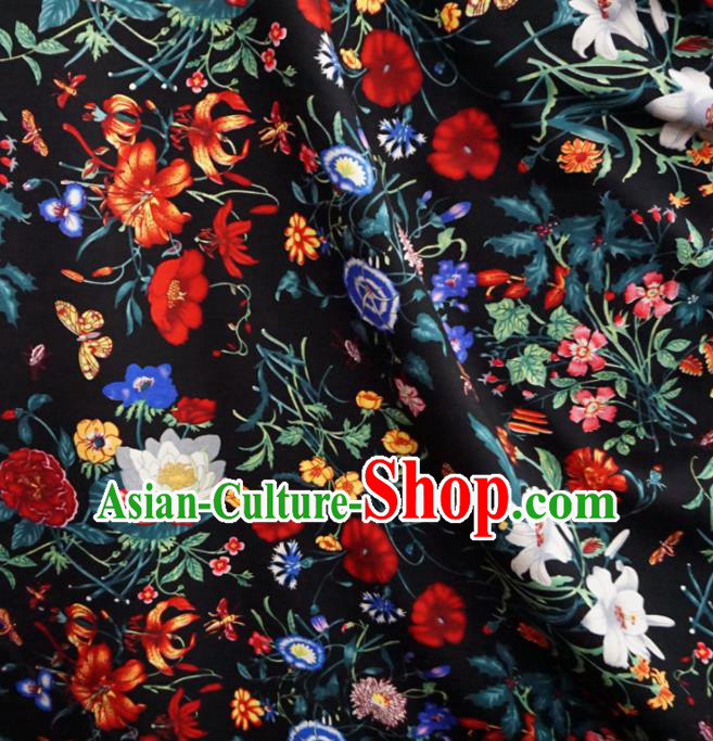 Asian Chinese Traditional Fabric Flowers Pattern Tang Suit Black Cotton Material