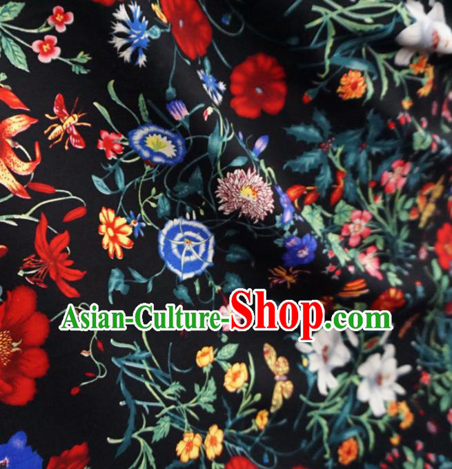 Asian Chinese Traditional Fabric Flowers Pattern Tang Suit Black Cotton Material