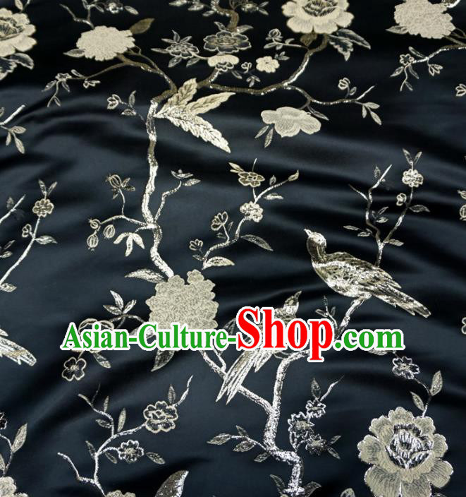 Asian Chinese Traditional Black Brocade Fabric Flowers Birds Pattern Tang Suit Silk Material