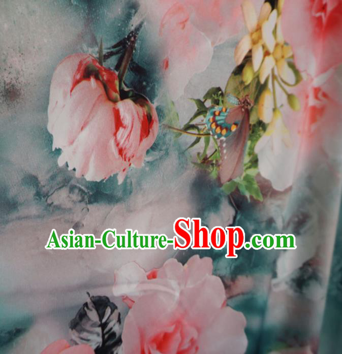 Asian Chinese Classical Lotus Design Pattern Green Brocade Traditional Cheongsam Satin Fabric Tang Suit Silk Material