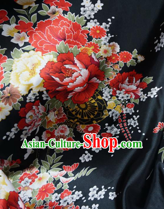 Asian Chinese Printing Peony Black Brocade Traditional Cheongsam Satin Fabric Tang Suit Silk Material