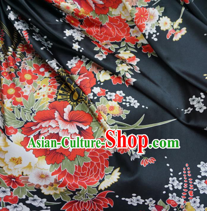 Asian Chinese Printing Peony Black Brocade Traditional Cheongsam Satin Fabric Tang Suit Silk Material