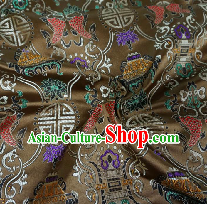 Asian Chinese Classical Fishes Design Pattern Brown Brocade Traditional Cheongsam Satin Fabric Tang Suit Silk Material