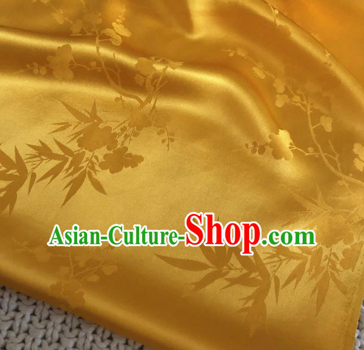 Asian Chinese Classical Plum Blossom Bamboo Design Pattern Yellow Brocade Traditional Cheongsam Satin Fabric Tang Suit Silk Material