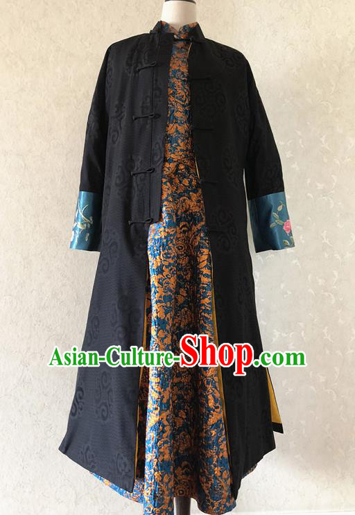 Chinese Traditional Embroidered Costume National Black Cotton Padded Coat Tang Suit Long Robe for Women