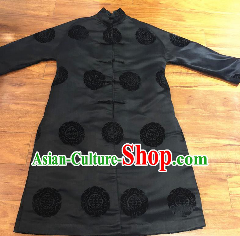 Chinese Traditional Costume National Black Cotton Padded Coat Tang Suit Long Robe for Women