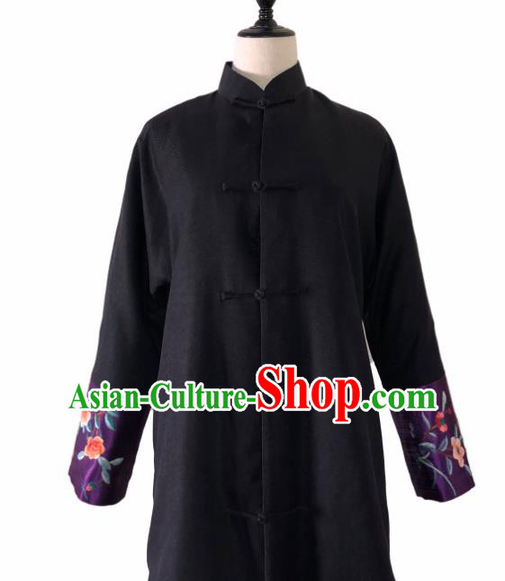 Chinese Traditional Embroidered Black Cotton Padded Coat National Costume Tang Suit Long Robe for Women