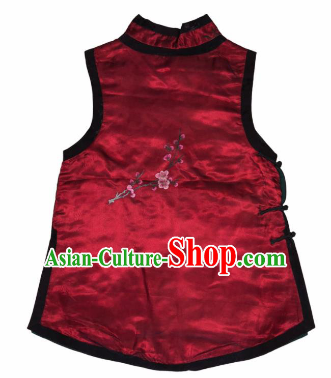 Chinese Traditional Embroidered Lotus Red Silk Qipao Vest National Costume Tang Suit Waistcoat for Women