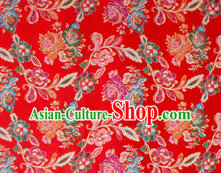 Asian Chinese Classical Peony Flowers Pattern Red Nanjing Brocade Traditional Tibetan Robe Satin Fabric Silk Material
