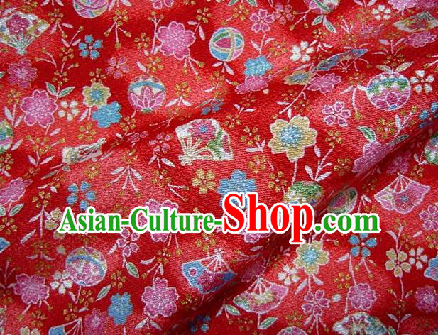 Asian Traditional Classical Sakura Fan Pattern Red Tapestry Satin Brocade Fabric Japanese Kimono Silk Material