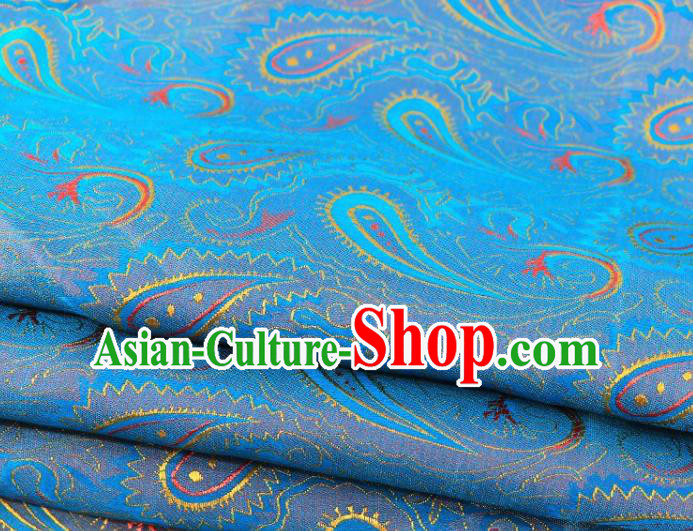Asian Chinese Classical Peacock Pattern Blue Brocade Traditional Tibetan Robe Satin Fabric Silk Material