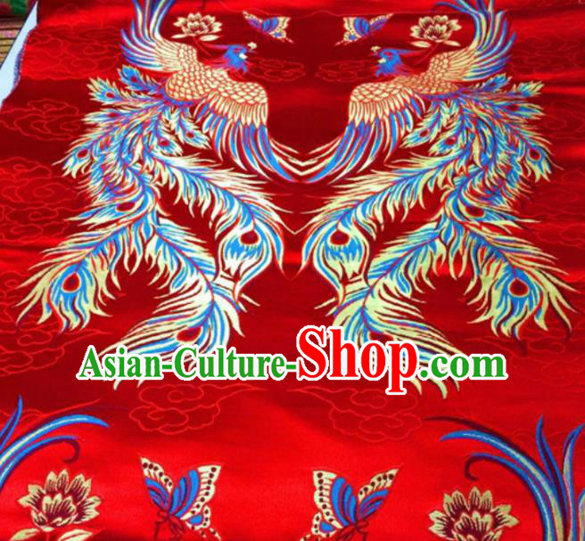 Asian Chinese Classical Phoenix Butterfly Pattern Red Brocade Traditional Tibetan Robe Satin Fabric Silk Material