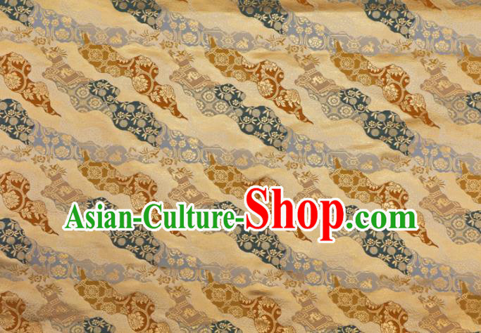 Asian Traditional Classical Pattern Golden Tapestry Satin Nishijin Brocade Fabric Japanese Kimono Silk Material