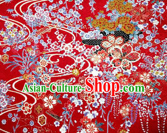 Asian Traditional Classical Orchid Pattern Red Tapestry Satin Nishijin Brocade Fabric Japanese Kimono Silk Material