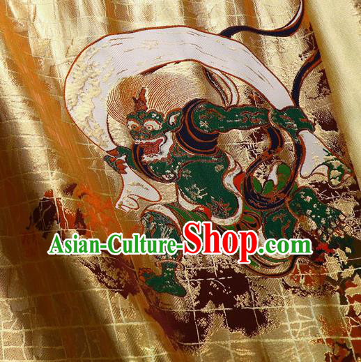 Asian Traditional Classical Thunder God Pattern Golden Brocade Fabric Japanese Kimono Satin Silk Material