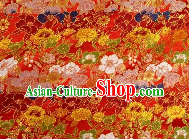 Asian Traditional Classical Flowers Pattern Nishijin Red Brocade Fabric Japanese Kimono Satin Silk Material