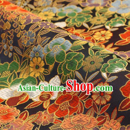 Asian Traditional Classical Flowers Pattern Nishijin Black Brocade Fabric Japanese Kimono Satin Silk Material