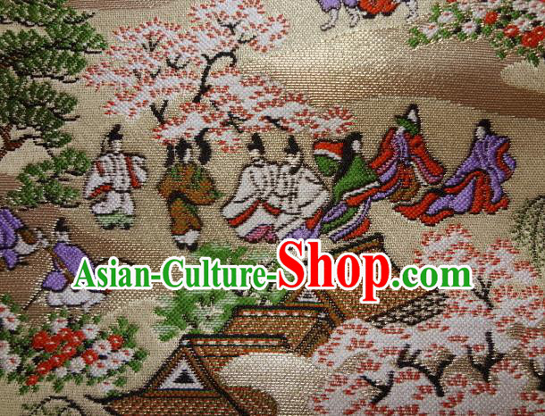 Asian Traditional Classical Genji Character Pattern Golden Tapestry Satin Nishijin Brocade Fabric Japanese Kimono Silk Material