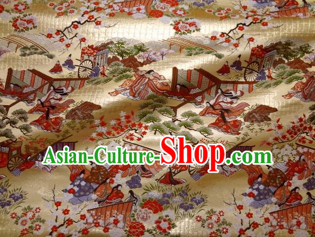 Asian Traditional Classical Genji Beauty Pattern Golden Tapestry Satin Nishijin Brocade Fabric Japanese Kimono Silk Material