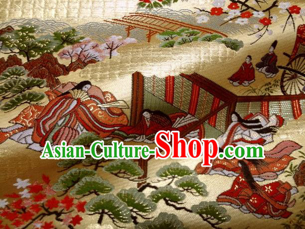 Asian Traditional Classical Genji Beauty Pattern Golden Tapestry Satin Nishijin Brocade Fabric Japanese Kimono Silk Material