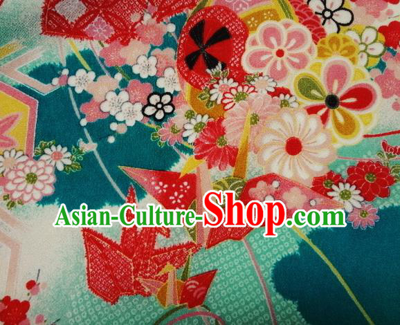 Asian Traditional Classical Paper Crane Pattern Blue Tapestry Satin Nishijin Brocade Fabric Japanese Kimono Silk Material