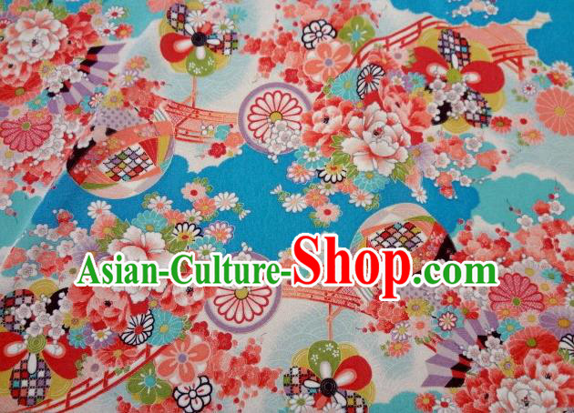 Asian Traditional Classical Peony Daisy Pattern Blue Tapestry Satin Nishijin Brocade Fabric Japanese Kimono Silk Material