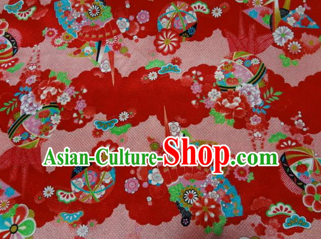 Asian Traditional Classical Paper Crane Fan Pattern Red Tapestry Satin Nishijin Brocade Fabric Japanese Kimono Silk Material