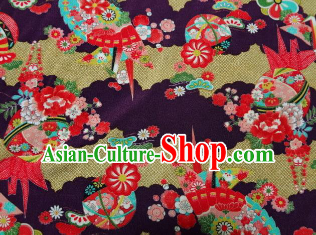 Asian Traditional Classical Paper Crane Fan Pattern Purple Tapestry Satin Nishijin Brocade Fabric Japanese Kimono Silk Material