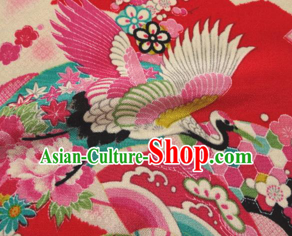Asian Traditional Classical Crane Pattern Red Tapestry Satin Nishijin Brocade Fabric Japanese Kimono Silk Material