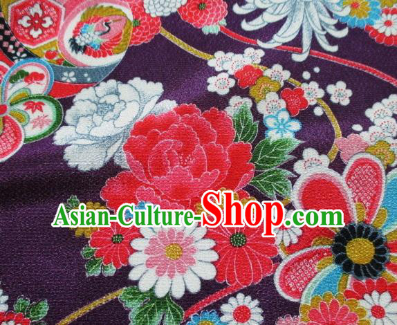 Asian Traditional Classical Chrysanthemum Fan Pattern Purple Tapestry Satin Brocade Fabric Japanese Kimono Silk Material