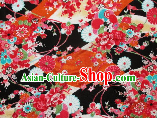 Asian Traditional Classical Peony Pattern Black Tapestry Satin Brocade Fabric Japanese Kimono Silk Material