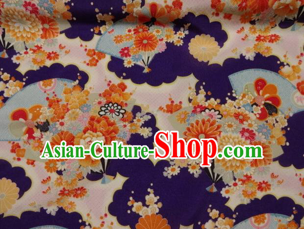 Asian Traditional Classical Flowers Fan Pattern Purple Tapestry Satin Brocade Fabric Japanese Kimono Silk Material
