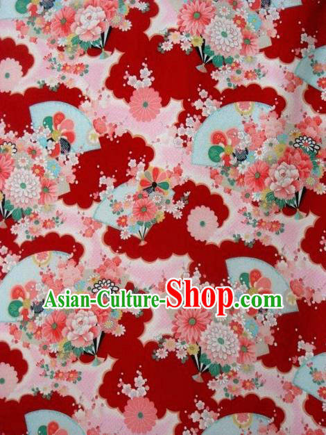 Asian Traditional Classical Flowers Fan Pattern Red Tapestry Satin Brocade Fabric Japanese Kimono Silk Material