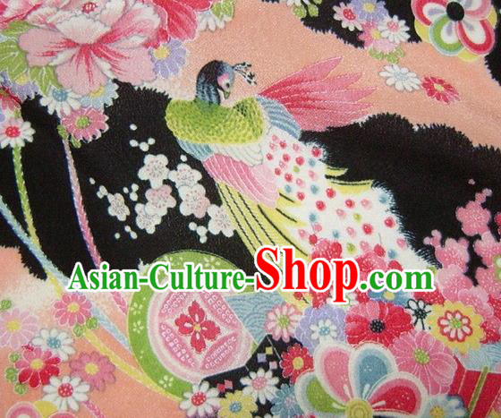 Asian Traditional Classical Peacock Pattern Black Tapestry Satin Brocade Fabric Japanese Kimono Silk Material