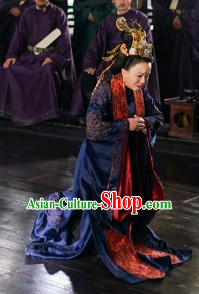 Chinese Drama The Story Of MingLan Ancient Song Dynasty Imperial Mandate Dowager Embroidered Historical Costume and Headpiece Complete Set