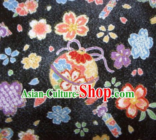 Asian Traditional Kimono Classical Sakura Bells Pattern Black Brocade Tapestry Satin Fabric Japanese Silk Material