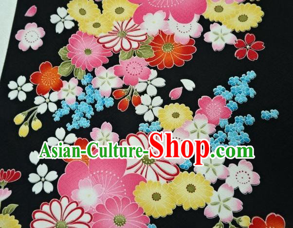 Asian Traditional Kimono Classical Flowers Pattern Black Brocade Tapestry Satin Fabric Japanese Silk Material