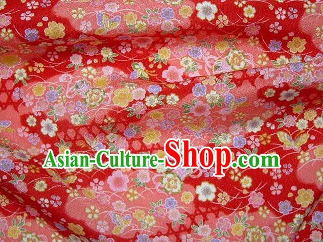 Asian Traditional Classical Butterfly Sakura Pattern Red Brocade Tapestry Satin Fabric Japanese Kimono Silk Material