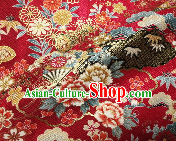 Asian Traditional Kimono Classical Peony Pattern Red Brocade Tapestry Satin Fabric Japanese Kyoto Silk Material