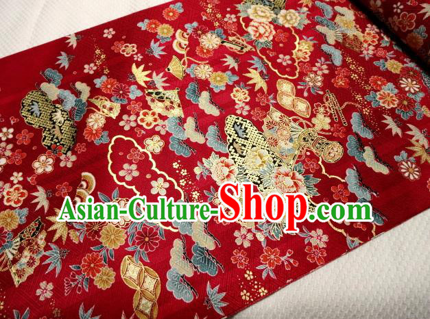 Asian Traditional Kimono Classical Peony Pattern Red Brocade Tapestry Satin Fabric Japanese Kyoto Silk Material