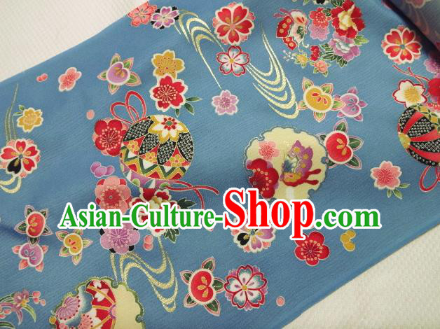 Asian Traditional Kimono Classical Ball Pattern Blue Brocade Tapestry Satin Fabric Japanese Kyoto Silk Material