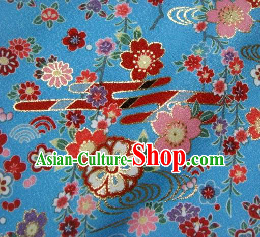 Asian Traditional Kimono Classical Primula Obconica Hance Pattern Blue Brocade Tapestry Satin Fabric Japanese Kyoto Silk Material