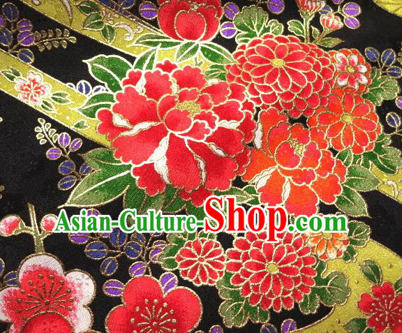 Asian Traditional Kimono Classical Peony Pattern Black Damask Brocade Tapestry Satin Fabric Japanese Kyoto Silk Material