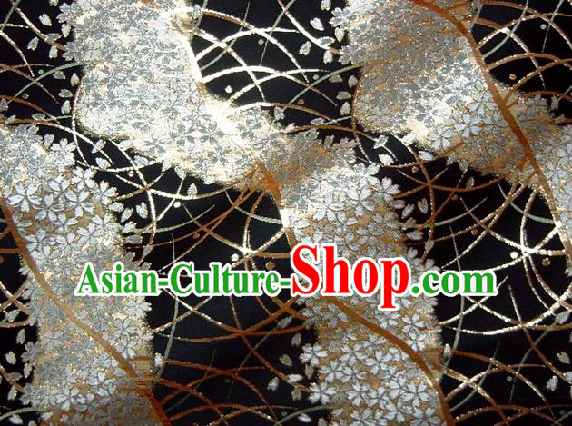 Asian Traditional Baldachin Classical Sakura Pattern Black Brocade Fabric Japanese Kimono Tapestry Satin Silk Material