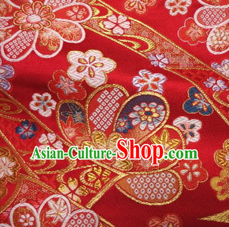 Asian Traditional Baldachin Classical Sakura Maple Pattern Red Brocade Fabric Japanese Kimono Tapestry Satin Silk Material