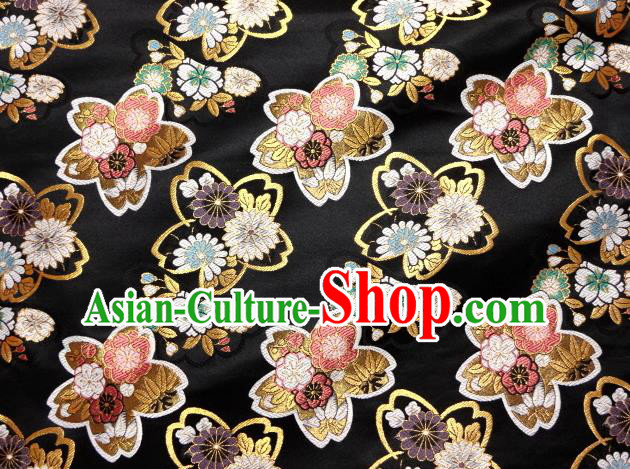Asian Traditional Baldachin Classical Sakura Daisy Pattern Black Brocade Fabric Japanese Kimono Tapestry Satin Silk Material
